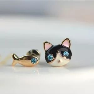 Small Cat and Fish Asymmetrical Earrings